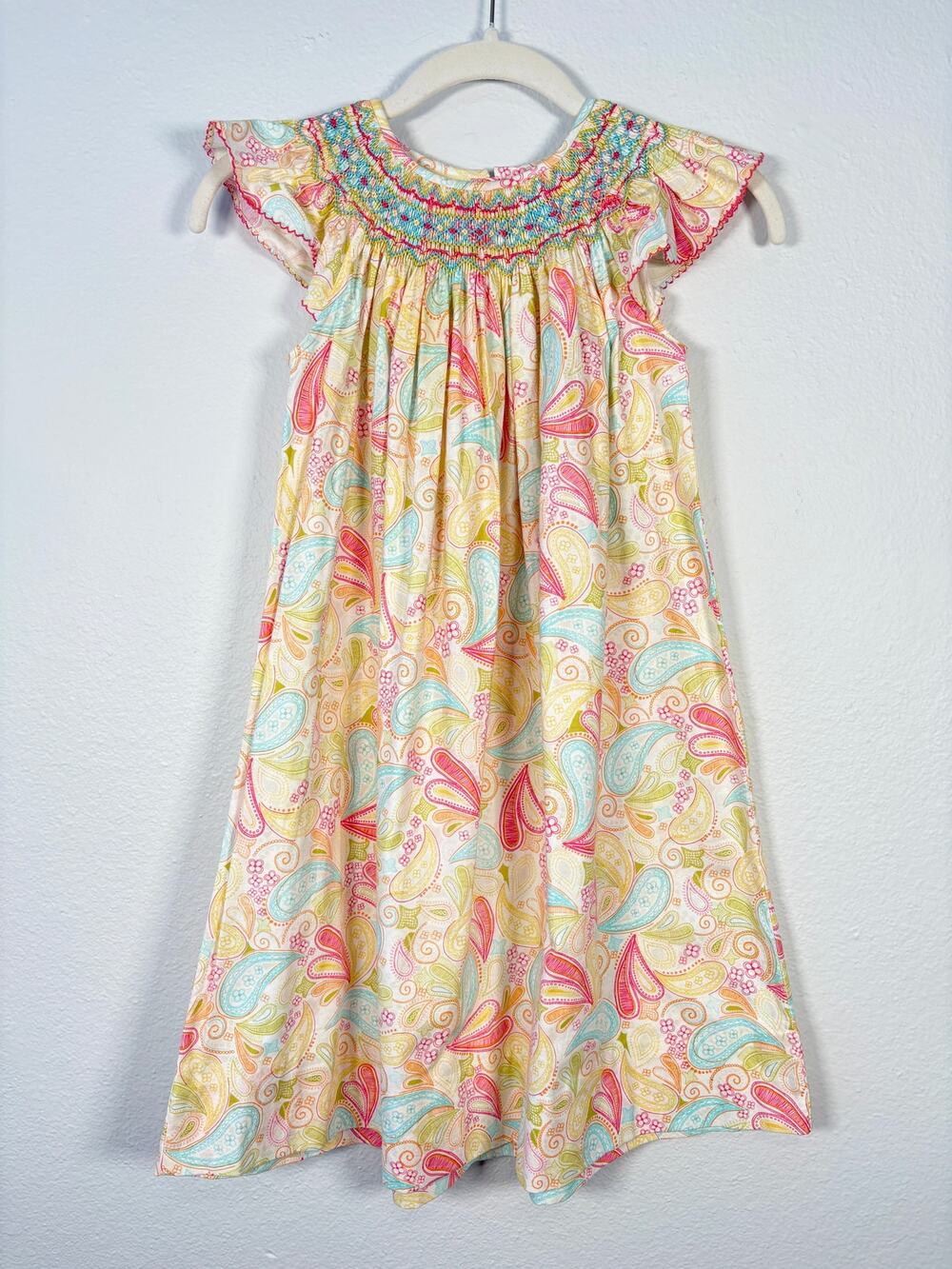 Girl's Le' Za Me Smocked Pastel Paisley Print Ruffle Flutter Sleeve Dress